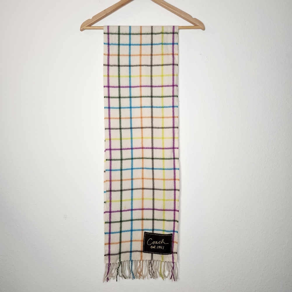 Coach Womens White Plaid Colorful Scarf Tassels FLAWS Wool / Cashmere